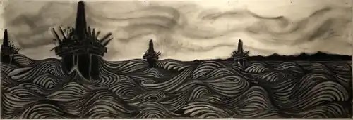 American Riviera, a panoramic charcoal drawing of offshore oil rigs and patterned waves.