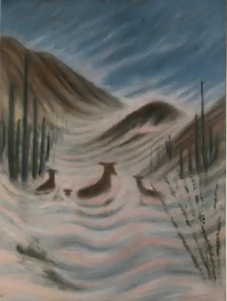Anemographia, three deer moving through a foggy canyon under a blue-gray sky.