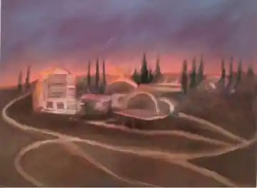 Arcosanti, a pink desert vision of domes, buildings, cypress forms, and curving roads.