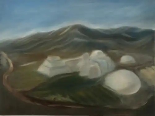 Biosphere II, a landscape painting of glass domes beneath mountain forms.
