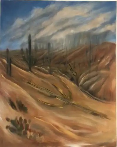 Dendrographia, a warm desert landscape containing a fallen saguaro beneath forming monsoon clouds.