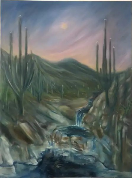 Hydrographia, a desert spring with saguaros, green hills, and water descending through rocks.