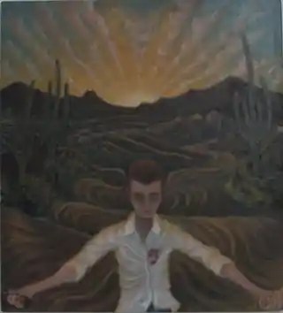 Light Flood, a spiritual desert landscape with a seated figure beneath a radiant sky.