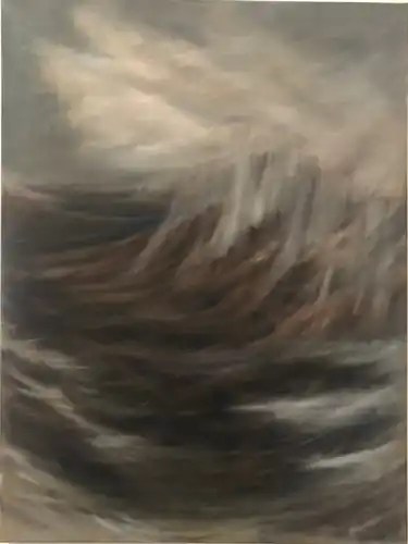 Monsoon, an atmospheric storm over mountains painted in dark moving masses.